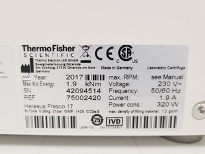 Thumbnail image of Thermo Scientific Heraeus Fresco 17 Centrifuge w/ 75003410 Rotor 14800RPM