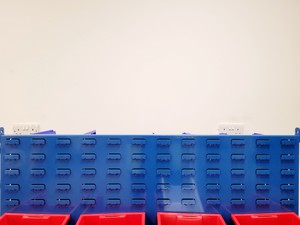 Thumbnail image of Trollied Storage Rack Steel Louvre Panel w/ 19 Containers 