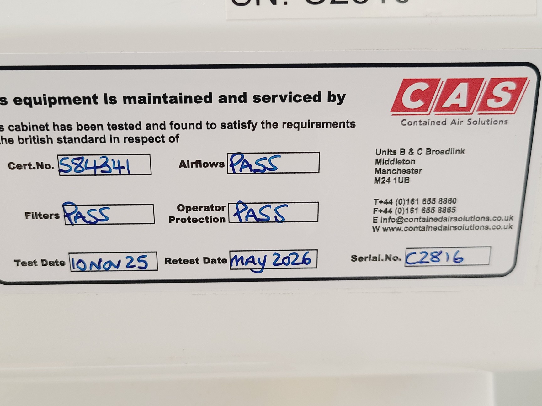 Image of CAS BioMAT 2 1800 Class II Microbiological Safety Cabinet Lab