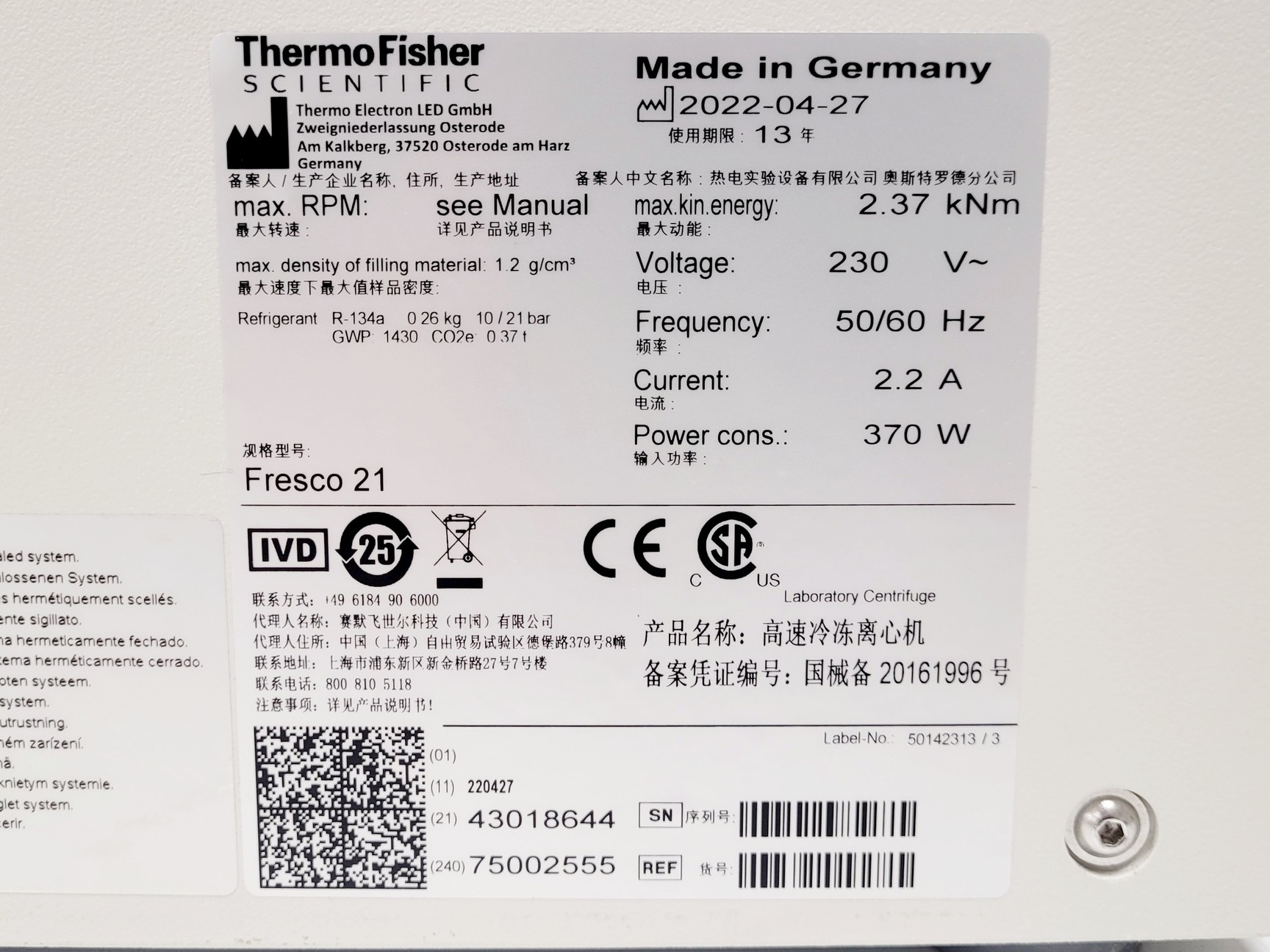 Image of Thermo Scientific Fresco 21 Benchtop Centrifuge W/ 75003424 Rotor