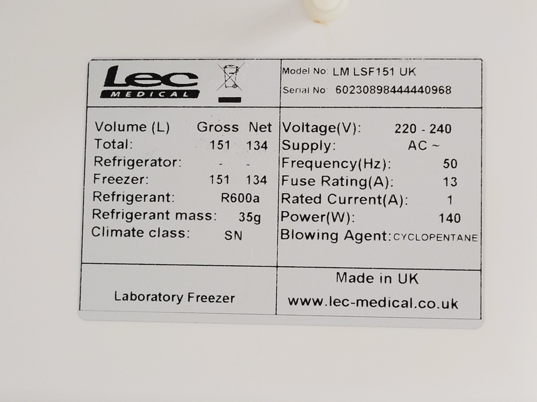 Image of LEC Medical LM LSF151UK Laboratory Freezer