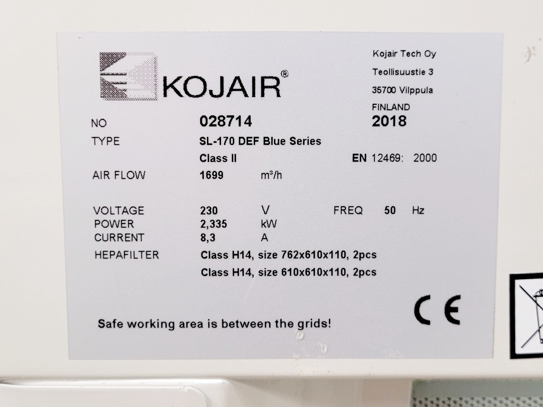 Image of Kojair SL-170 DEF Blue Series Class II Biological Safety Cabinet Lab