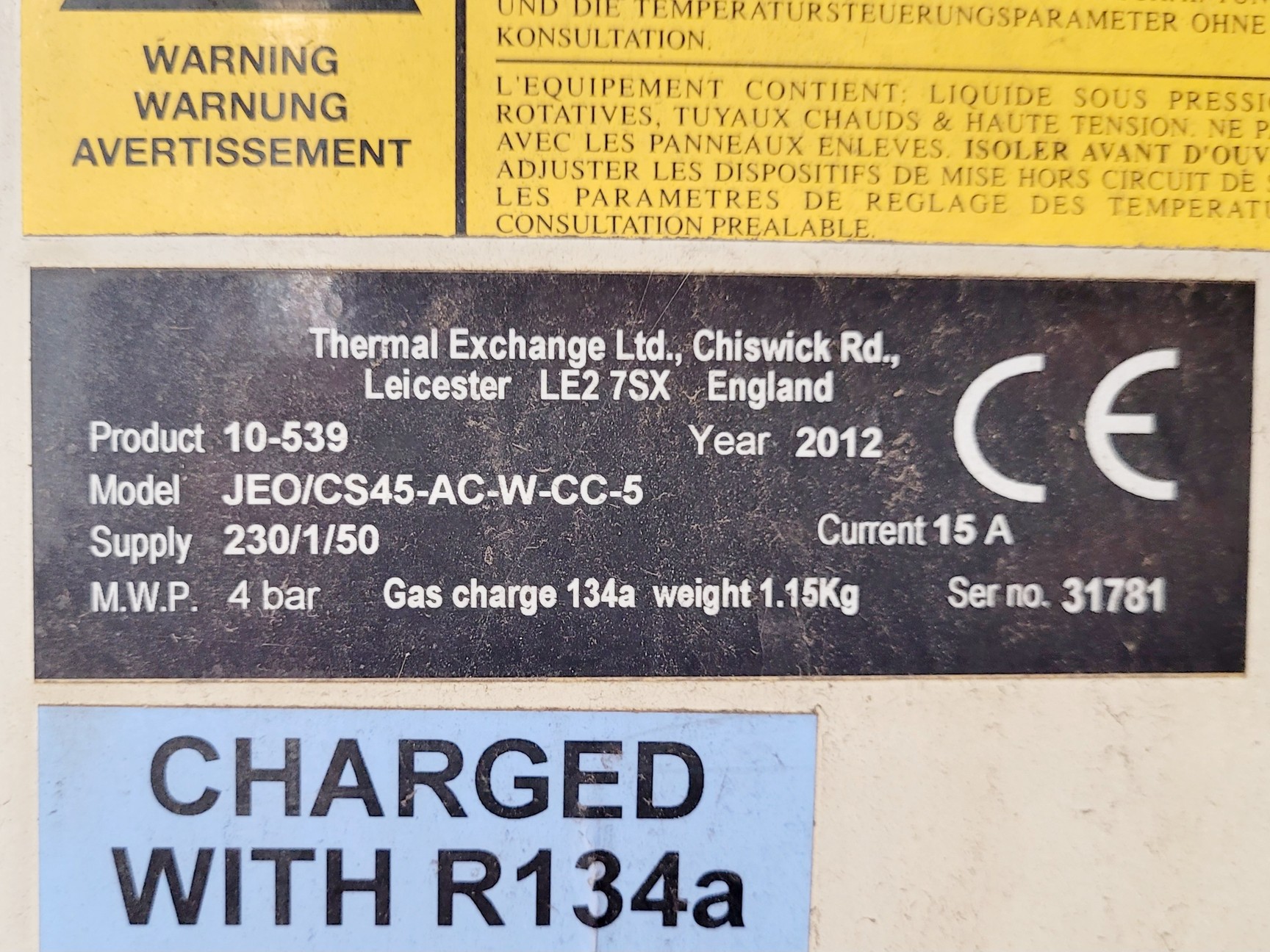 Image of Thermal Exchange Recirculating Chiller 10-539 Model JEO/CS45-AC-W-CC-5
