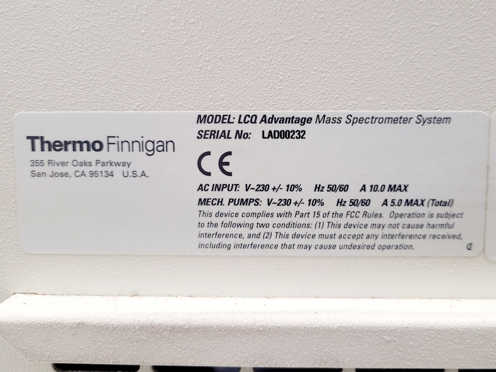 Image of Thermo Finnigan LCQ Advantage Mass Spectrometer w/ Pump, Nitrogen Generator Lab