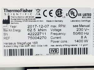 Thumbnail image of Thermo Scientific Heraeus Megafuge 16R Centrifuge w/ Thermo TX-400 Rotor Lab