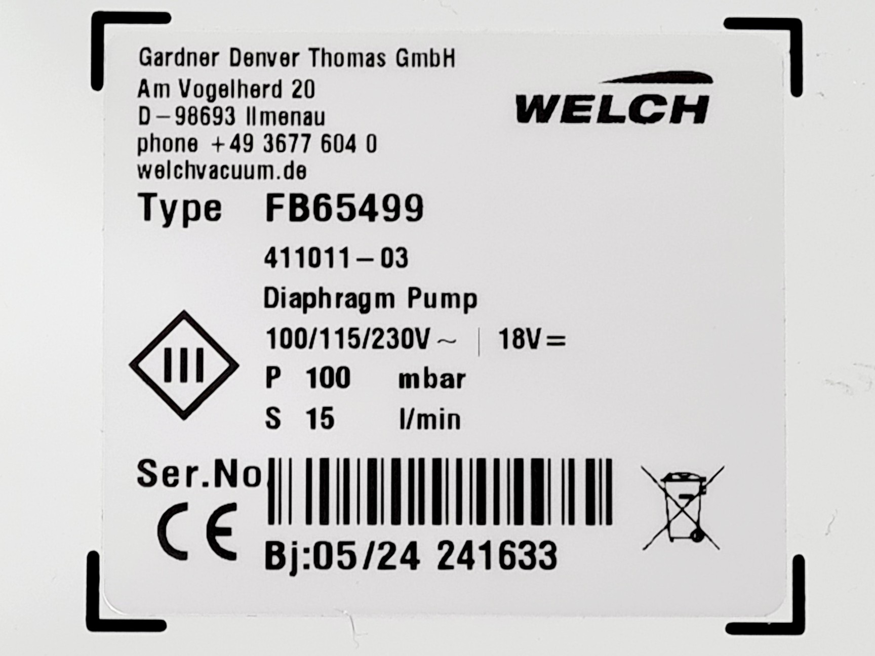Image of Fisher Scientific Welch FB65499 Diaphragm Vacuum Pump