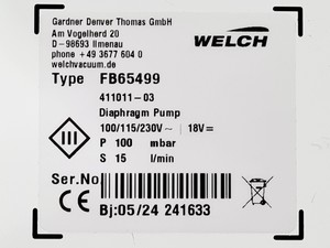 Thumbnail image of Fisher Scientific Welch FB65499 Diaphragm Vacuum Pump