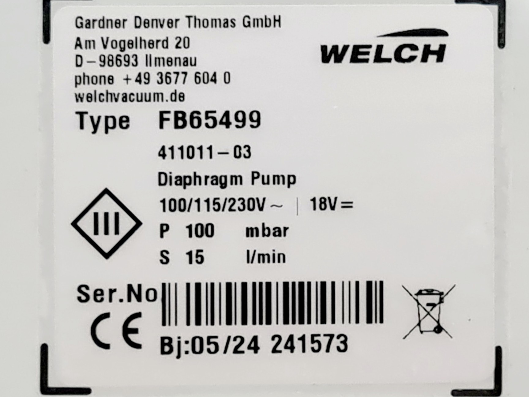Image of Fisher Scientific Welch FB65499 Diaphragm Vacuum Pump