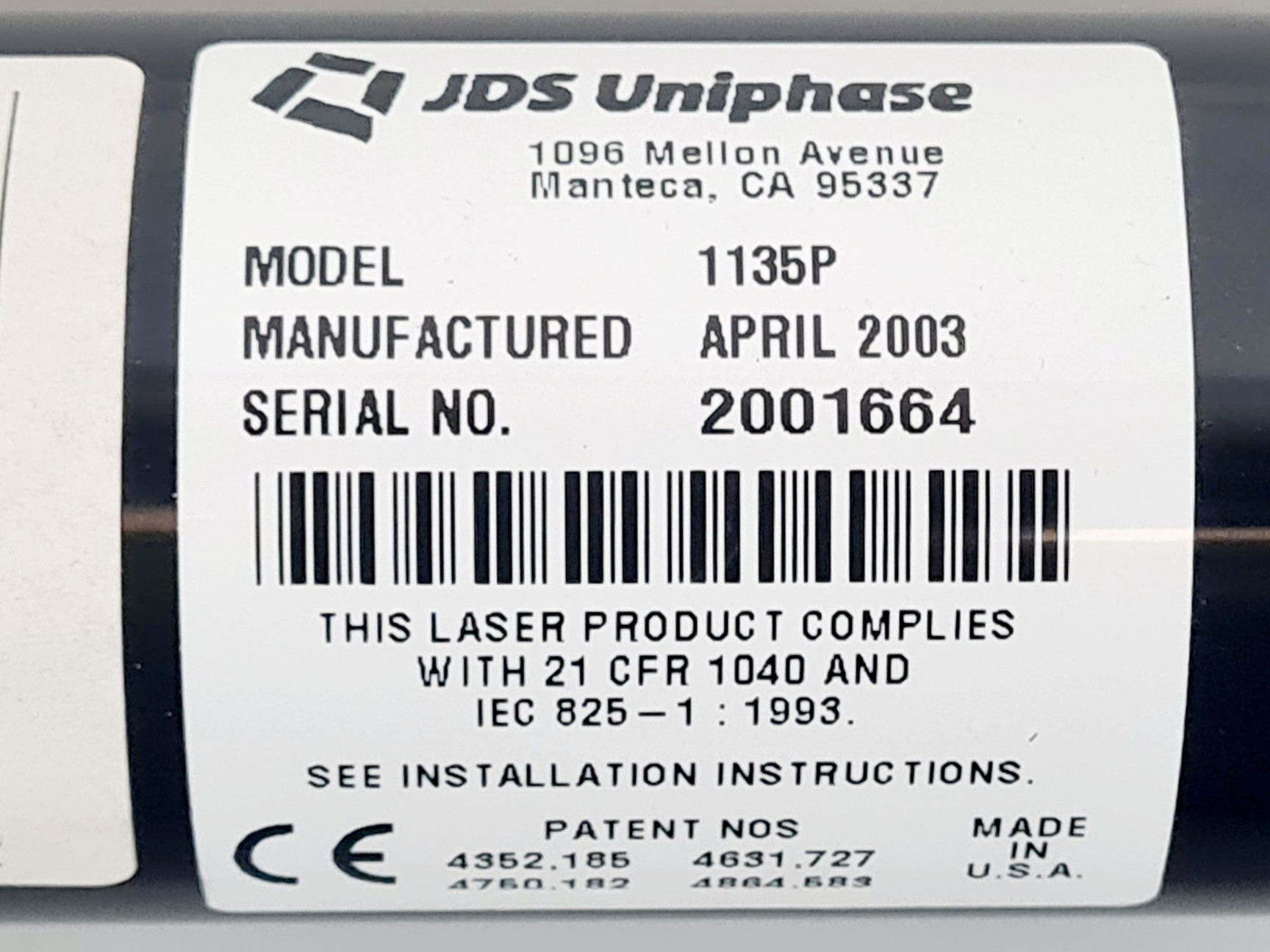 Image of JDS Uniphase Helium-Neon Gas Laser Head Model: 1135P with PSU