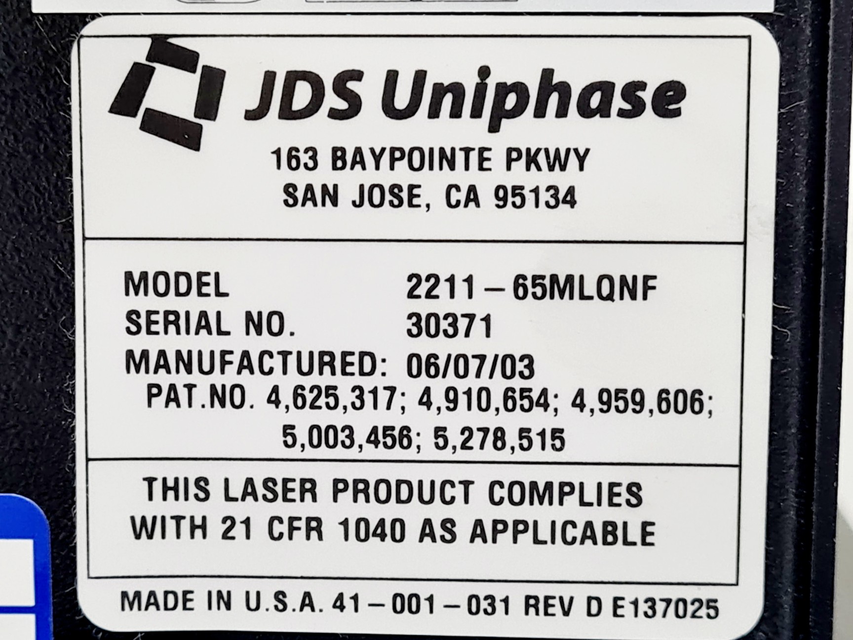 Image of JDS Uniphase Argon-ion Laser KineFLEX Head Model: 2211-65MLQNF 