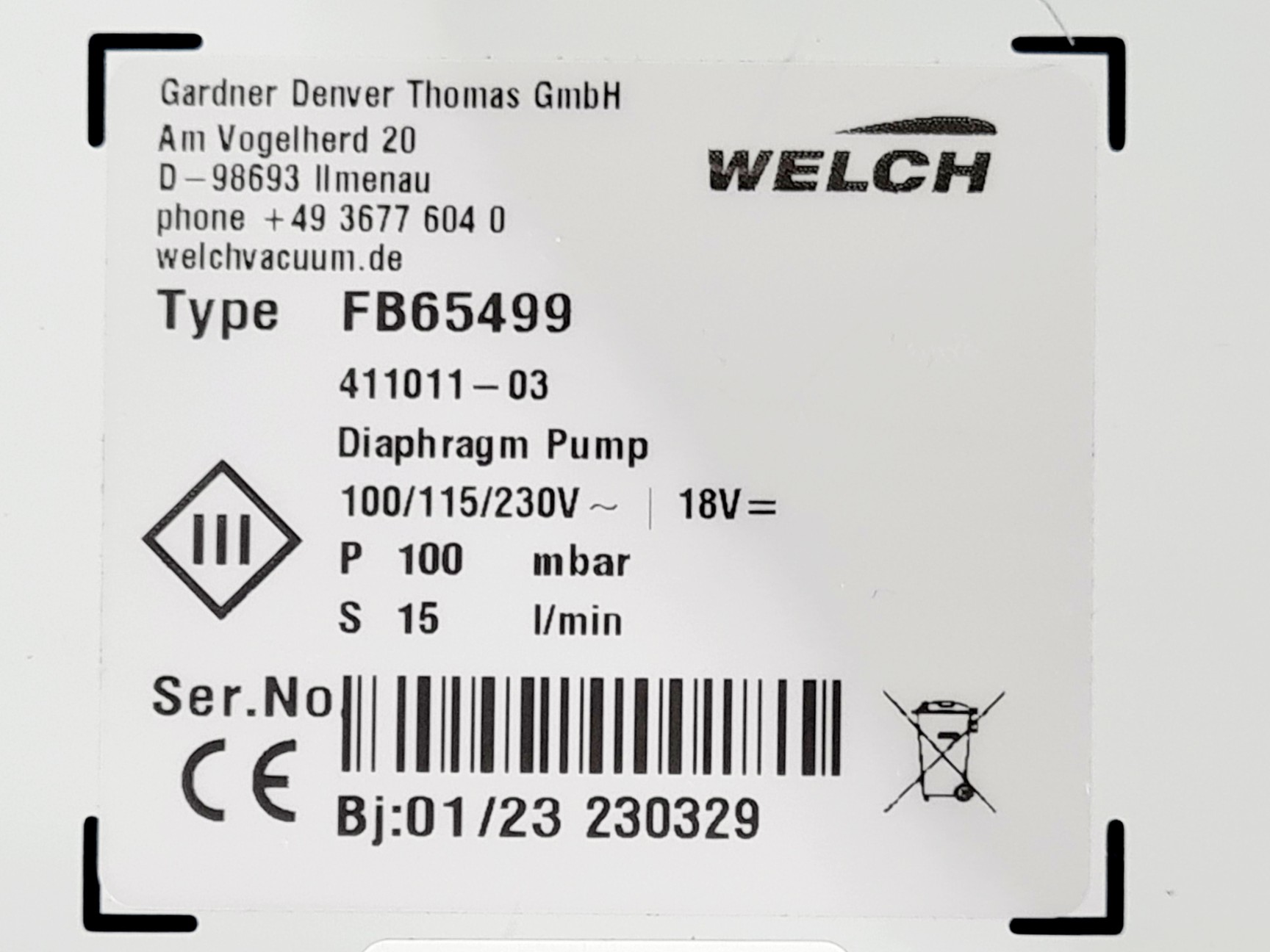 Image of Fisher Scientific Welch Diaphragm Pump - FB65499
