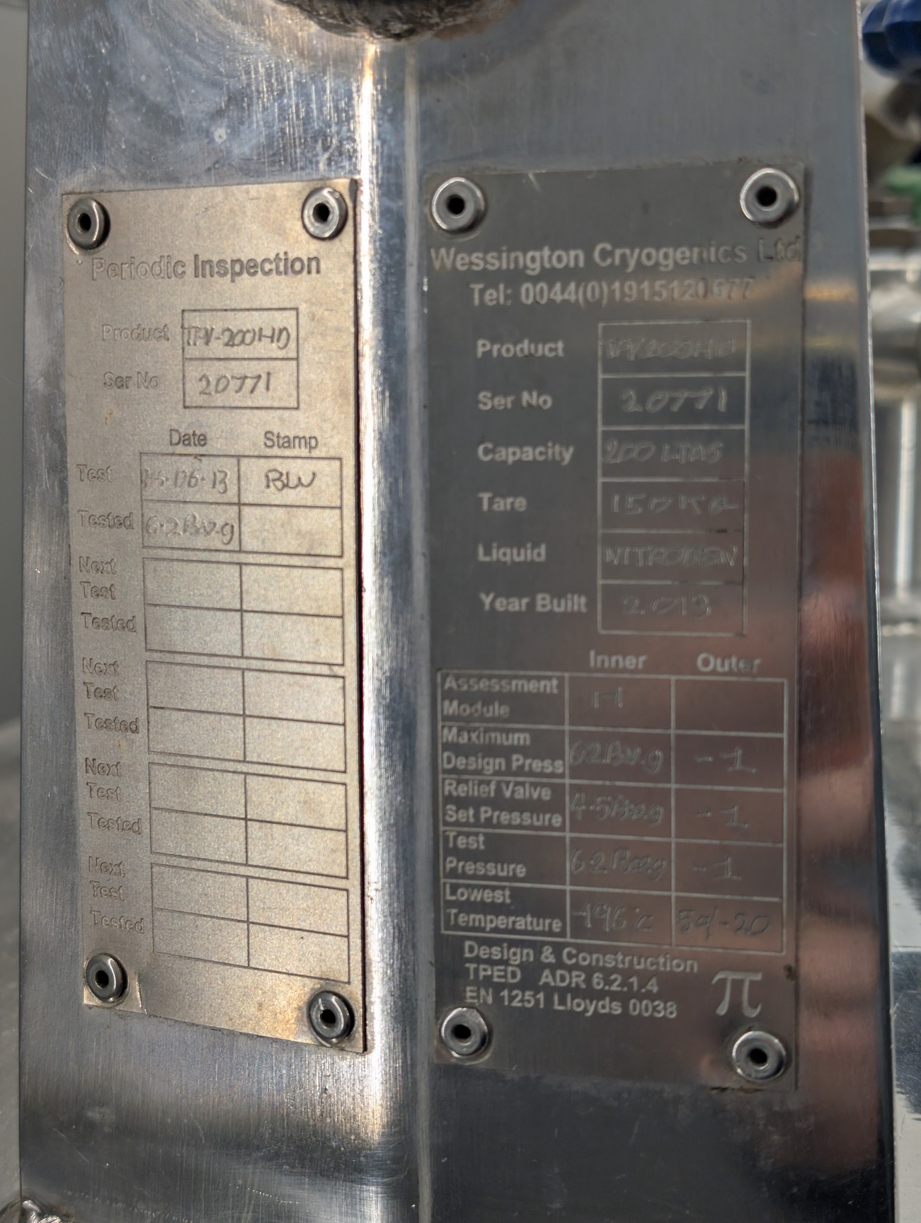 Image of Wessington Cryogenics TPV200HD Pressurised Liquid Nitrogen Tank 2013 