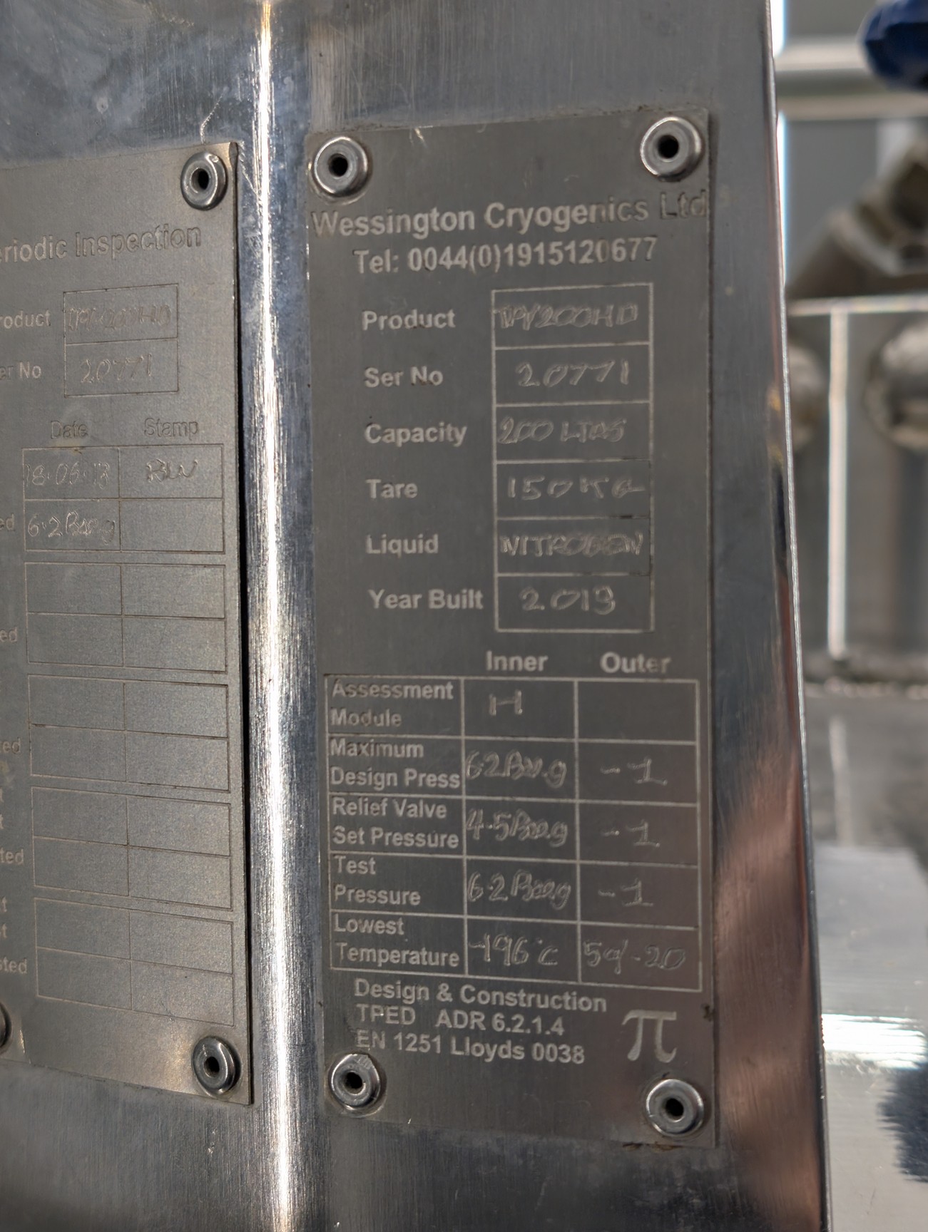 Image of Wessington Cryogenics TPV200HD Pressurised Liquid Nitrogen Tank 2013 