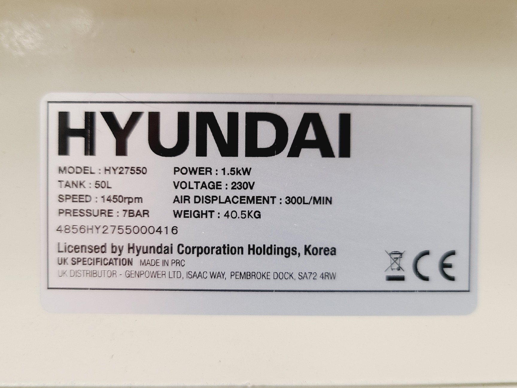 Image of Hyundai HY27550 50L Super Silent Oil-Free Portable Air Compressor