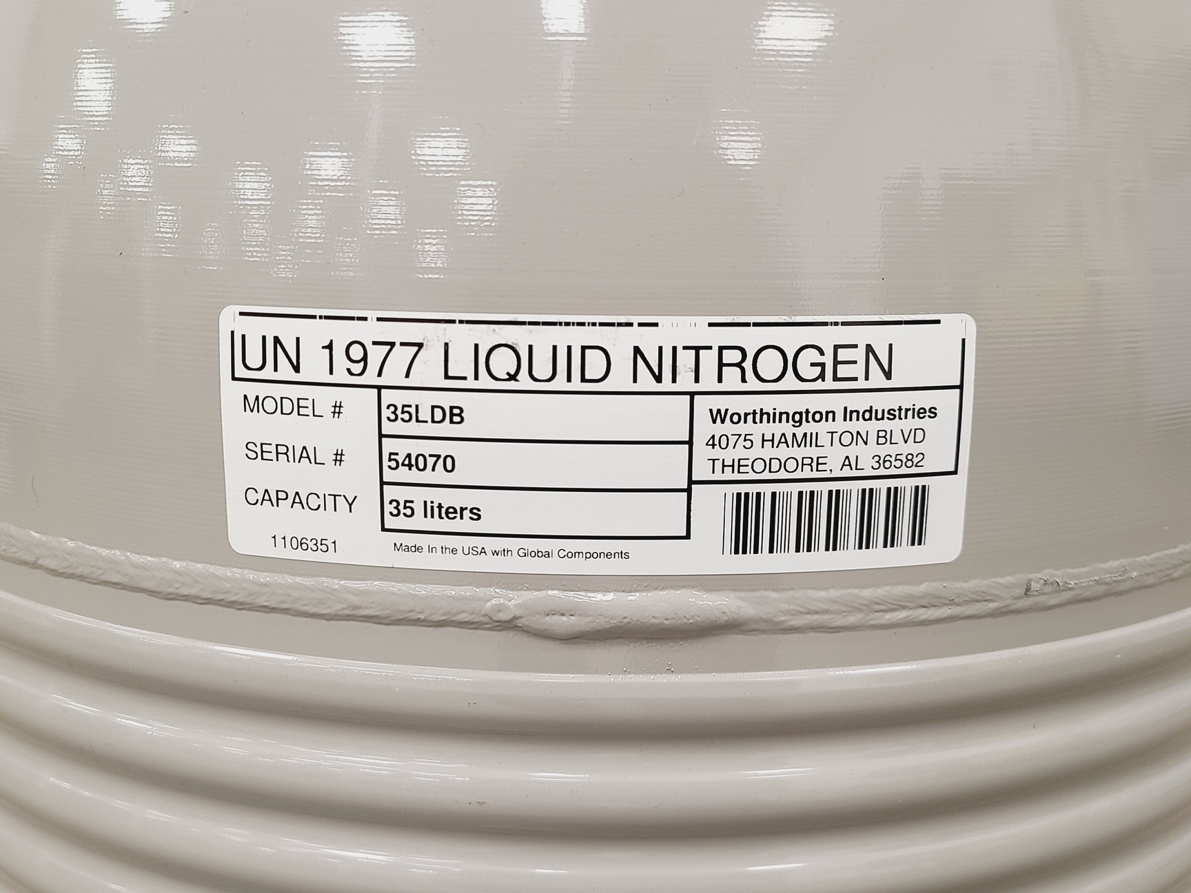 Image of Worthington Industries LD35 Liquid Nitrogen Dewar w/ Wheel Base