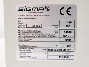 Thumbnail image of Sigma SciQuip 3-15 Benchtop Centrifuge W/ 11133 Rotor 5500RPM