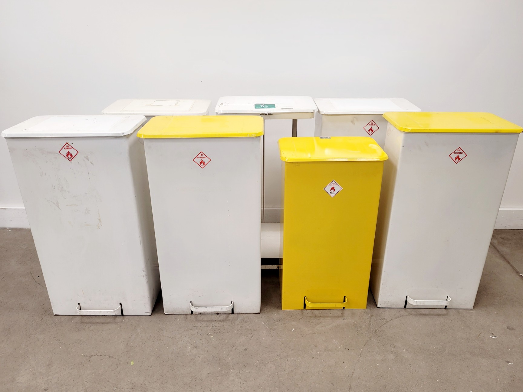Image of 7 x Laboratory Clinical Waste Pedal Bins Yellow/White
