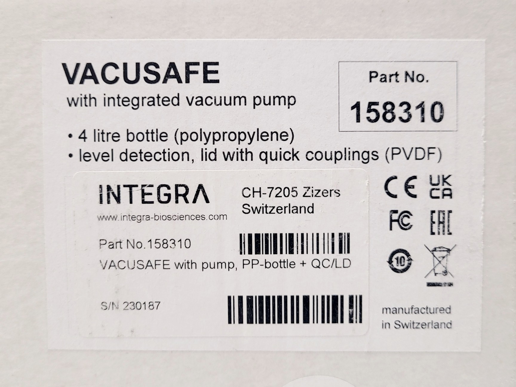 Image of INTEGRA Vacusafe with Integrated Vacuum Pump Part No. 158310 in Box