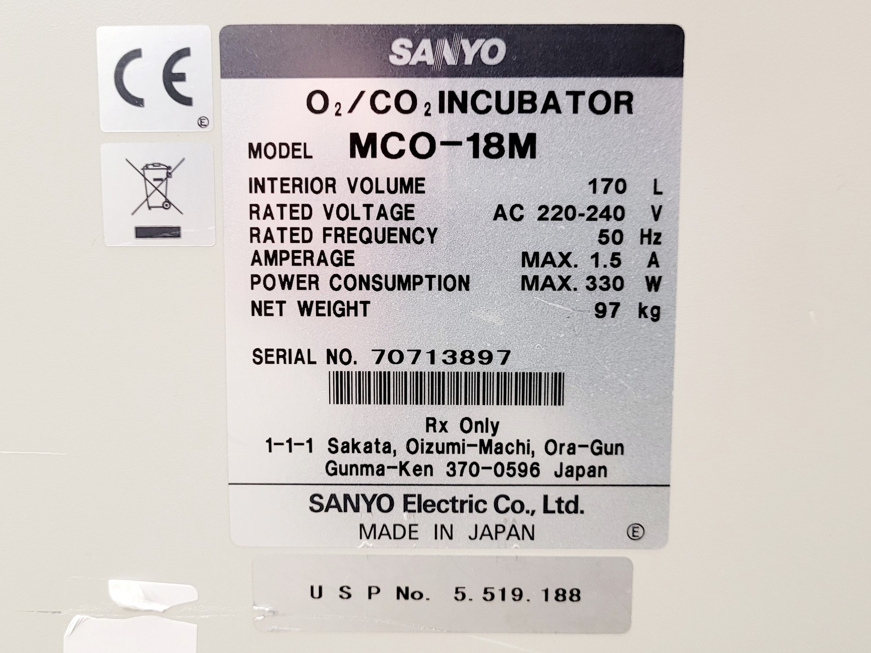 Image of Sanyo MCO-18M O2/CO2 Incubator Lab