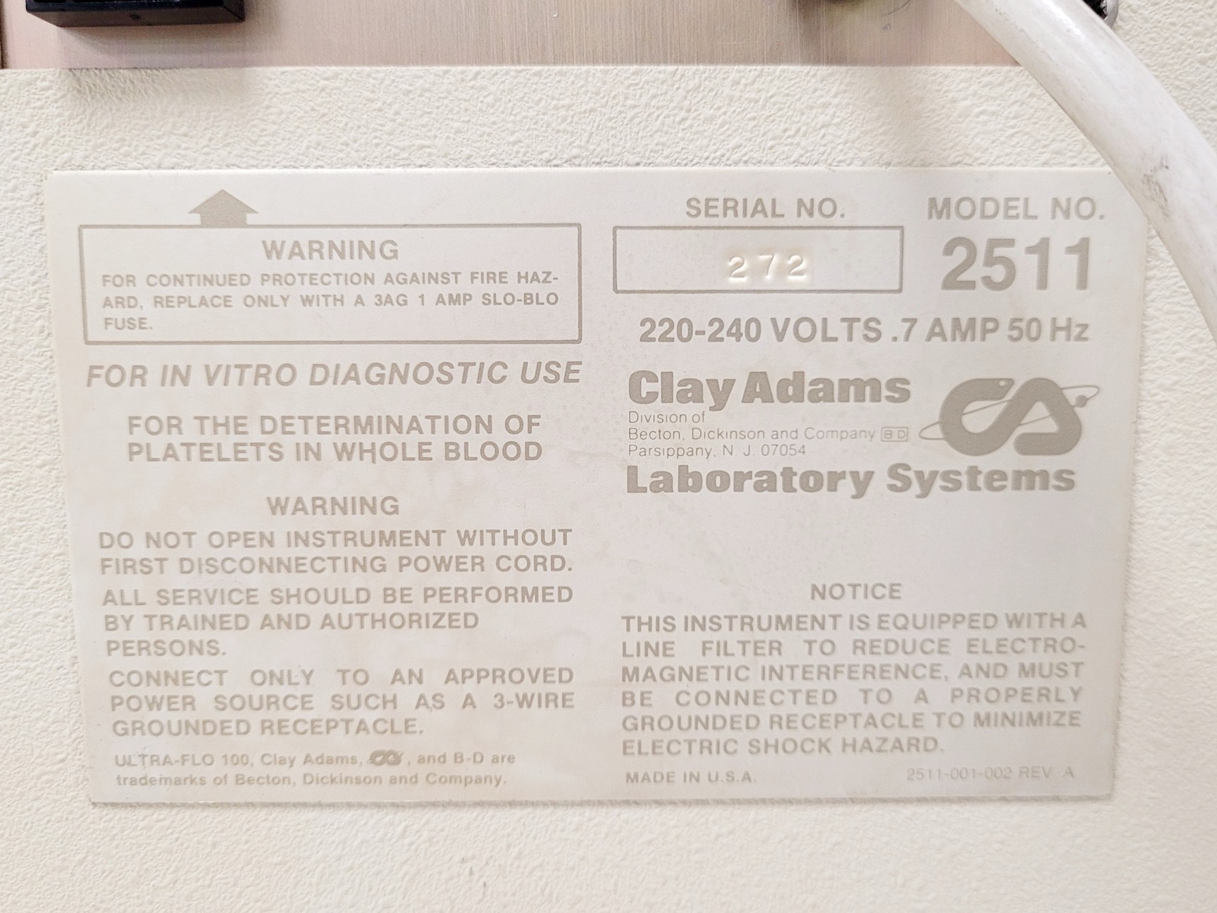 Image of Clay Adams Ultra-Flow 100 Whole Blood Platelet Counter Model 2511