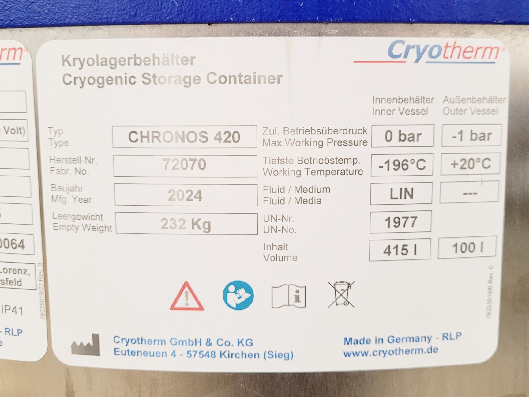 Image of Cryotherm Biosafe MD-Smart Chronos 420 Cryogenic Storage Container