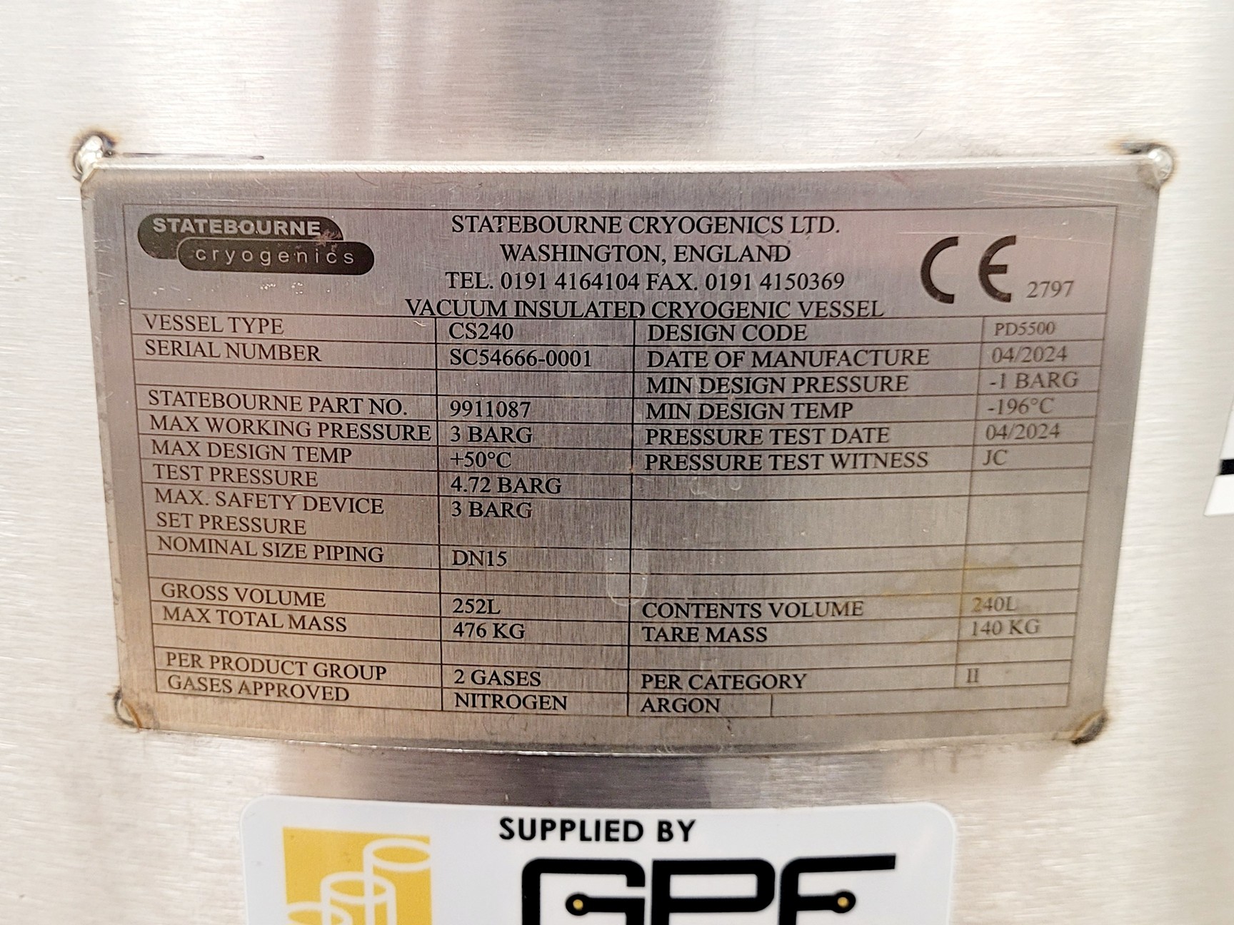 Image of Statebourne Cryostor 240 Liquid Nitrogen Storage Tank 
