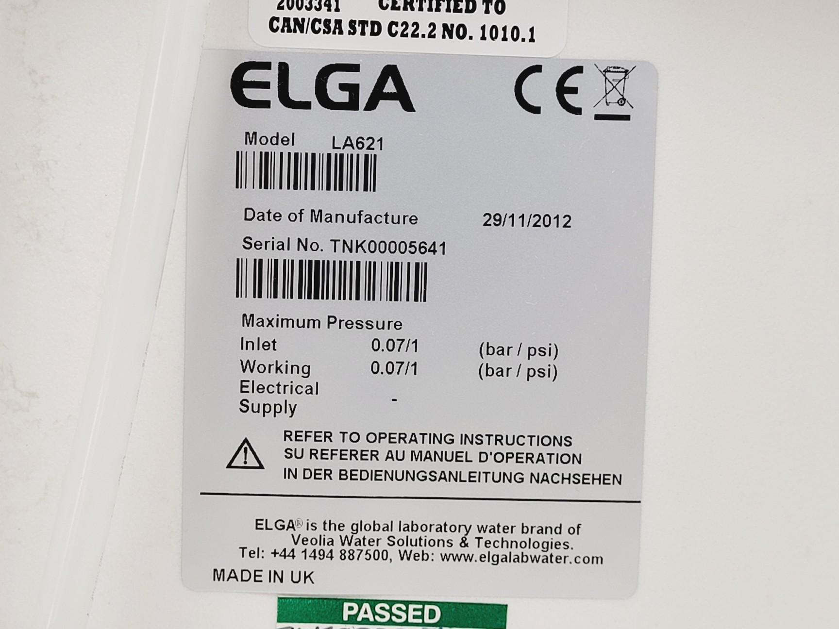 Image of Elga Purelab Option Water Purifier OR015BPM1 w/ LA621 Reservoir