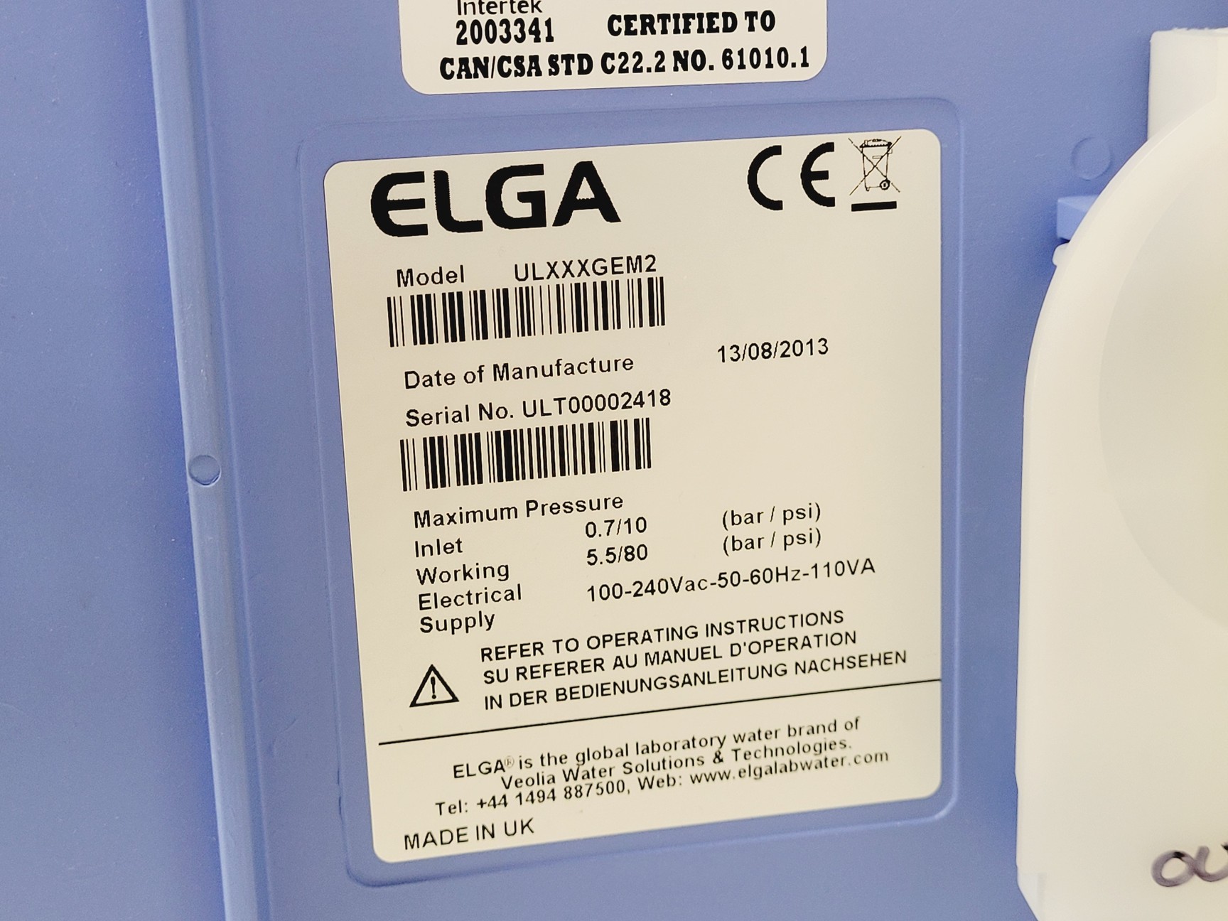Image of Elga Purelab Ultra Model ULXXXGEM2 Benchtop Water Purifier