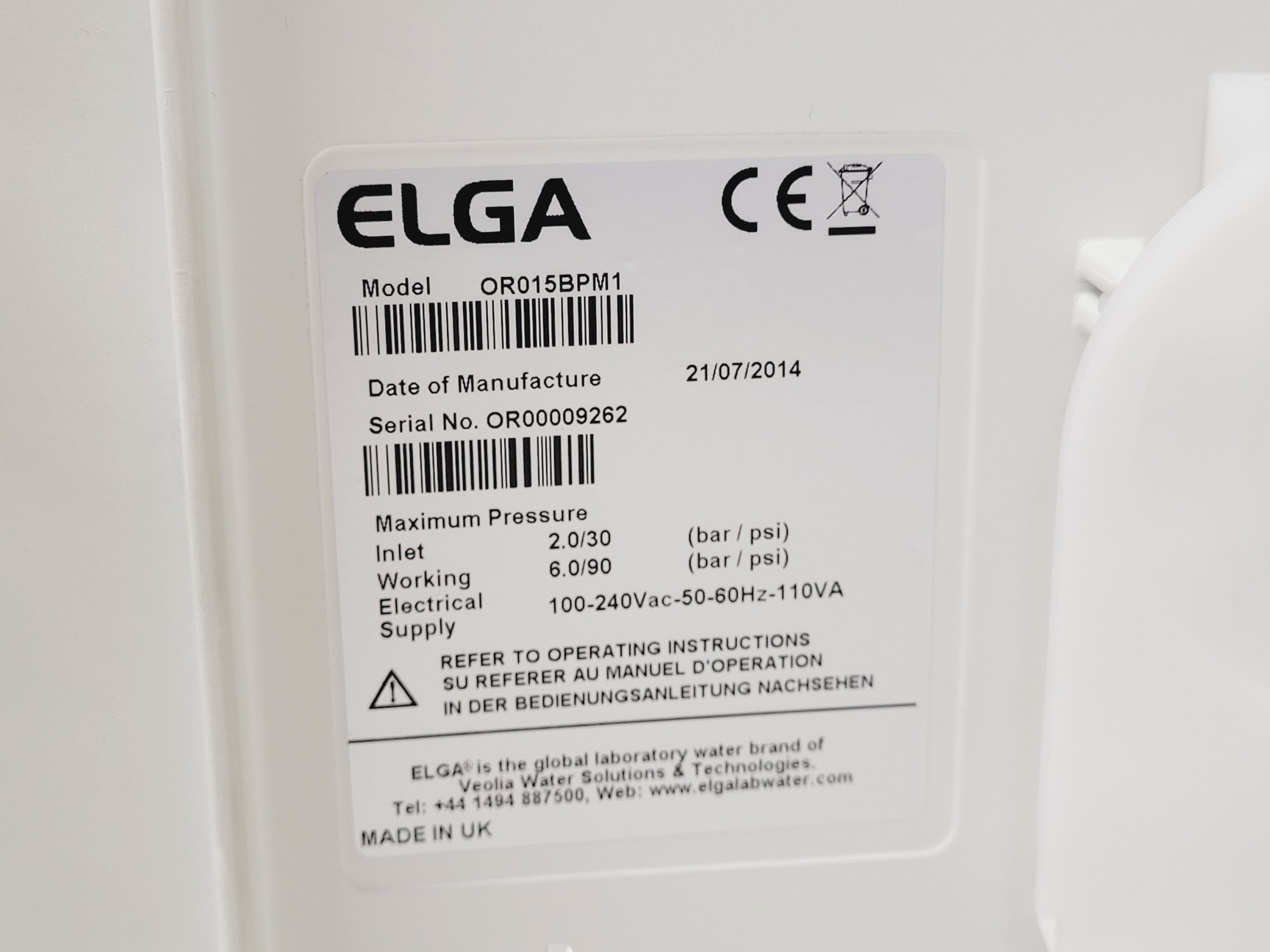 Image of Elga Purelab Option Water Purifier OR015BPM1 w/LA621 Reservoir