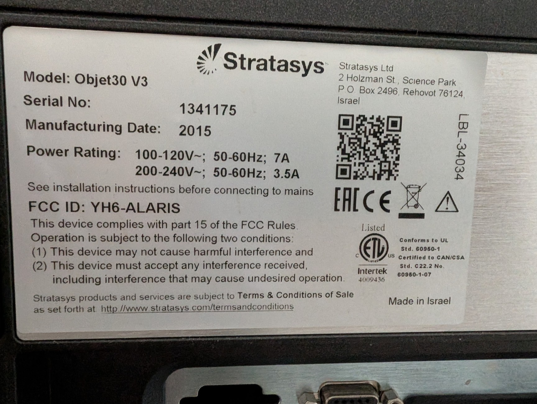 Image of Stratasys Objet30 V3 PolyJet 3D Printer (2015)